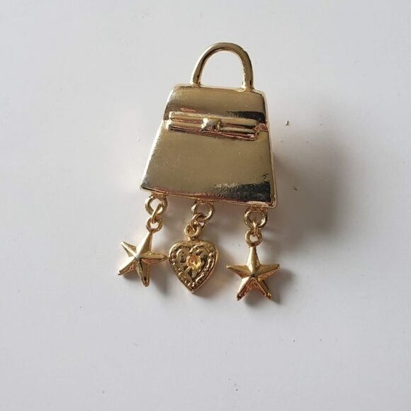 Vintage Purse Tassels heart star Gold Tone Brooch - Picture 2 of 6